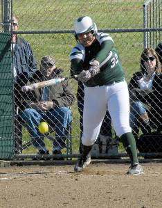 Keith Thorpe/Peninsula Daily News                                Port Angeles&rsquo; Nizhoni Wheeler bats in an April 21 game against Olympic.
