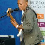 Bassist Divinity Roxx lays down a set of licks during a performers workshop Saturday on the Chamber Stage in Port Angeles City Hall. (Keith Thorpe/Peninsula Daily News)