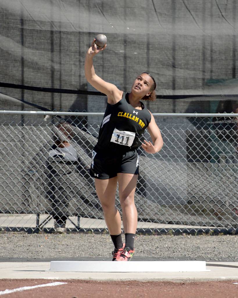 Casey Bruner/for Peninsula Daily News Atokena Abe of Clallam Bay placed sixth in the shot put Friday at the State 1B Track and Field Championships in Cheney. Abe had placed in three events at the meet as of Saturday afternoon.