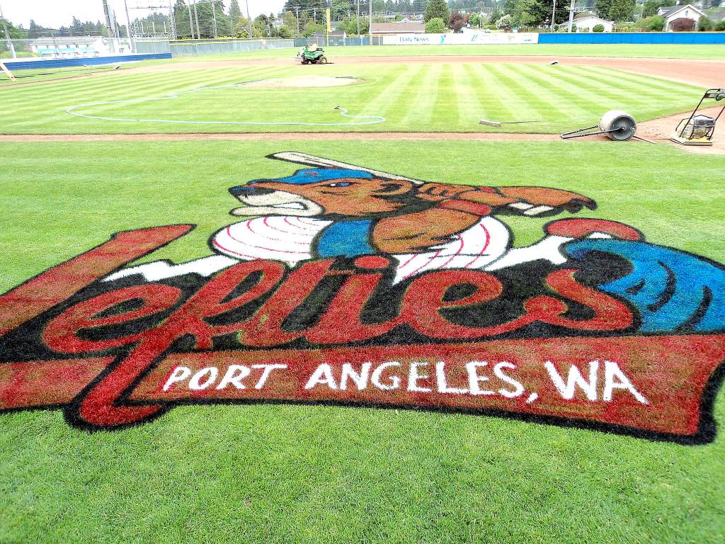 Pierre LaBossiere/Peninsula Daily News                                The Lefties logo and marmot have been painted on the field at Civic Field.