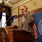 Gov. Jay Inslee talks about the start of a second special session of the Legislature on Tuesday in Olympia. (Rachel La Corte/The Associated Press)