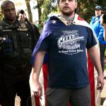 In an April 29 photo provided by John Rudoff, Jeremy Joseph Christian, right, is seen during a Patriot Prayer organized by a pro-Trump group in Portland, Ore. (John Rudoff via AP)
