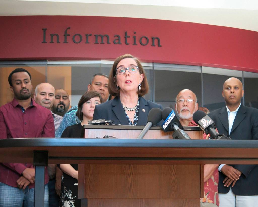 Oregon Gov. Kate Brown speaks at a Saturday news conference. (Gillian Flaccus/The Associated Press)