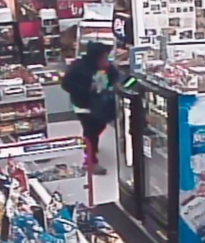 This image from surveillance footage shows a robbery suspect in a Port Angeles business on Monday.