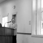 Matthew Nash/Olympic Peninsula News Group                                Millie Harrell, on right, created and donated the glass elk to the City of Sequim for its Guy Cole Convention Center remodel. She told a crowd May 16, including Sharon DelaBarre, chairman of the Sequim Arts Advisory Commission, on left, that she wanted it to stay in Sequim.