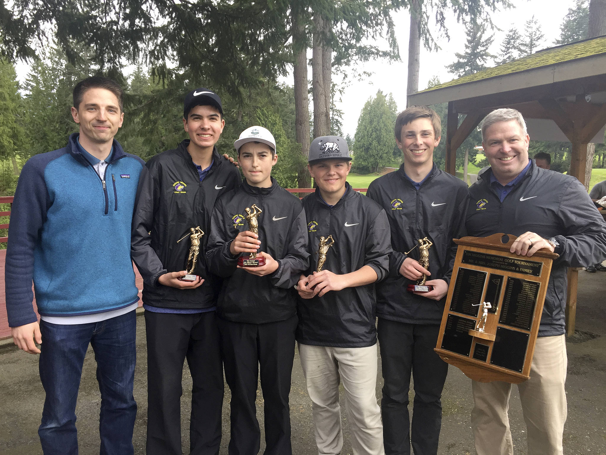 The Sequim High School boys golf team defended its title at the 51st annual Tim Higgins Memorial at Kitsap Golf and Country Club in Bremerton last week. The team also completed an undefeated Olympic League golf season and head to the postseason with a chance to qualify for the Class 2A state tournament. From left, to right, coach Sean O&rsquo;Mera, Blake Wiker Paul Jacobsen, Andrew Vanderberg, Josiah Carter and head coach Bill Shea.