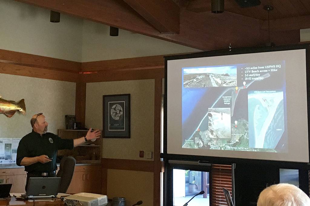 Speaking to a group of stakeholders May 4 in Blyn about the invasive European green crab threat in Dugeness, Allen Pleus, aquatic invasive species coordinator for the state Department of Fish and Wildlife, said, &ldquo;We&rsquo;re trying to get rid of them as soon as possible.&rdquo; He and staff with the Washington Sea Grant Crab Team seek support for placing and monitoring traps for green crab in a few sites from the West End to Port Angeles. (Matthew Nash/Olympic Peninsula News Group)