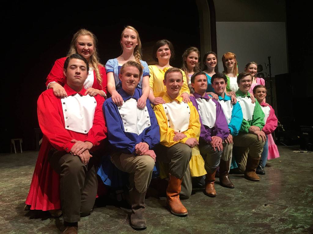 The brothers and sisters of &ldquo;Seven Brides for Seven Brothers&rdquo; feature, from left, Silas Baird, Victoria Hall, Abby Norman, Christopher Heintz, Colleen Carpenter, Joe Benjamin, Melissa Mooney, Seth Mitchell, Erin Gordon, Thomas Hughes, Alison Cobb, Tommy Hall, Makenna O&rsquo;Dell and Joey Oliver. The show runs May 5-20 in Sequim High School&rsquo;s auditorium. (Matthew Nash/Olympic Peninsula News Group)