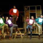 Brothers Caleb (Joe Benjamin), Frank (Tommy Hall), Daniel (Seth Mitchell), Adam (Silas Baird), Gideon (Joey Oliver), Ephraim (Thomas Hughes) and Benjamin (Christopher Heintz), from left, have a man-to-man-to-man talk in &ldquo;Seven Brides for Seven Brothers.&rdquo; (Matthew Nash/Olympic Peninsula News Group)