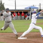 Dave Logan/for Peninsula Daily News                                Port Angeles Lefties pitcher Drew Zmuda, right, covers first base as Kelowna&rsquo;s Bo Meikljohn reaches for the base. Meikljohn was called out but the Falcons picked up a three-game sweep of the Lefties.