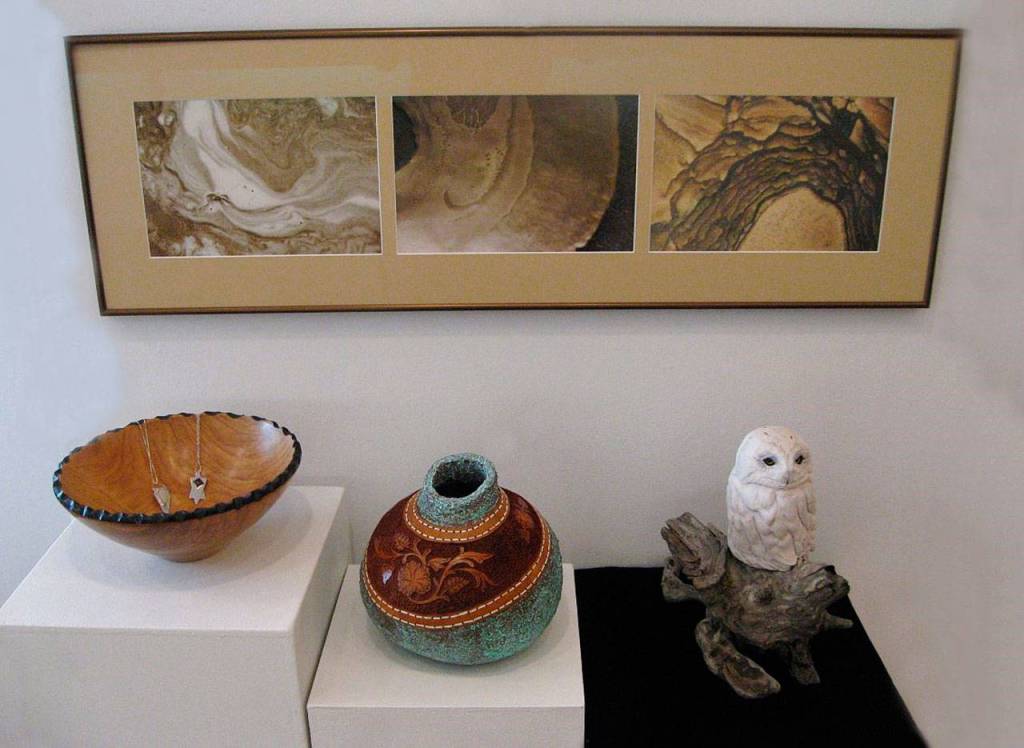 Among the many pieces on display as the Blue Whole Gallery celebrates its 20th anniversary is the work of Kate Loveland, top, Carl Baker, Debbie Cain and Joyce Volmut, from left.