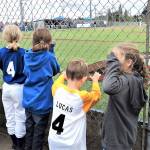 From left Ava Fox, Catie Chance, Lucas Chance and Addison Fox get up close to the action and the players at the Port Angeles Lefties&rsquo; inaugural game. (Pierre LaBossiere/Peninsula Daily News)