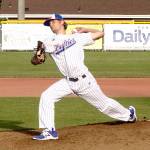 Lefties starter Jared Welander throws to the plate in the third inning of Monday&rsquo;s game against Kelowna.