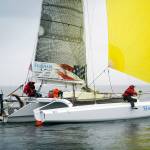 Brothers Tripp, Chris and Trevor Burd of Team Pure & Wild/Freeburd were the first to cross the finish line in Ketchikan after 750 miles of sailing and peddling. (Liv von Oelreich/R2AK)