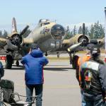 The Wings of Freedom&rsquo;s B-17 bomber taxis into the tarmac Wednesday after taking a group of World War II veterans on a complimentary ride. (Keith Thorpe/Peninsula Daily News)