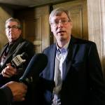 Democratic House Majority Leader Pat Sullivan talks to the media in the House wings on Wednesday in Olympia. (Rachel La Corte/The Associated Press)