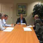 U.S. Rep. Derek Kilmer, center, speaks with, from left, PDN Senior Staff Writer Paul Gottlieb, Sequim Gazette Editor Michael Dashiell, Publisher Terry R. Ward and PDN Executive Editor Leah Leach at the Sequim Gazette&rsquo; offices. (Matthew Nash/Olympic Peninsula News Group)