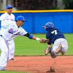 Jesse Major/Peninsula Daily News                                Port Angeles Lefties second baseman Mikey Hooper tags Victoria HarbourCats&rsquo; Kyle McComb on an attempted steal of second base during the Lefties first-ever game Thursday at Civic Field.