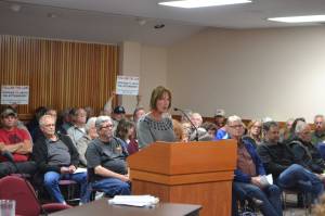 Matthew Nash (2)/Olympic Peninsula News Group                                Debra Stevens, a resident on Atterberry Road and retired city planner, speaks during a public comment session June 1, in the Clallam County Courthouse about a proposed 73-unit manufactured housing development at the intersection of Atterberry and Hooker roads. She said Matriotti Creek should see a buffer of 150 feet due to its classification in Clallam County&rsquo;s Critical Areas Map and a full environmental review should be done on the site.