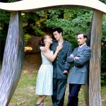 From left, Samantha Weinert, Brad Alemao and Josh Sutcliffe appear, along with the Webster&rsquo;s Woods &ldquo;Pi a la Mode&rdquo; sculpture, in &ldquo;Much Ado about Nothing.&rdquo; The Shakespeare in the Woods romantic comedy plays in the woods at the Port Angeles Fine Arts Center each weekend beginning today through Sunday, Aug. 6. (Diane Urbani de la Paz/for Peninsula Daily News)