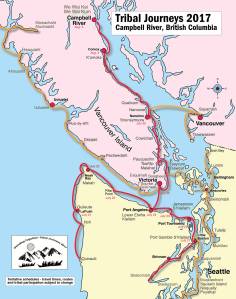 A map shows the tribes&rsquo; routes and expected landing dates for this year&rsquo;s Canoe Journey. (Keith Thorpe/Peninsula Daily News)