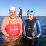 Swimmers Susan Simmons and Jill Yoneda are swimming across the Strait of Juan de Fuca from near Port Angeles to Victoria. (Travis Paterson/Saanich News)