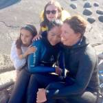 Mandy-Rae Krack, right, congratulates Jill Yoneda of Victoria after Yoneda swam 18.5 miles across the Strait of Juan de Fuca from the Dungeness Spit to Victoria on Monday. (Travis Paterson/Saanich News)