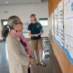 Port Townsend City Councilwoman Michelle Sandoval and business owner Jake Soule participate in the first of two community workshops to help formulate a plan for the Upper Sims Way and Howard Street subarea. (Cydney McFarland/Peninsula Daily News)