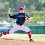 Kieran Shaw pitches against Jacksonville University in Jacksonville, Fla., in March for Harvard.