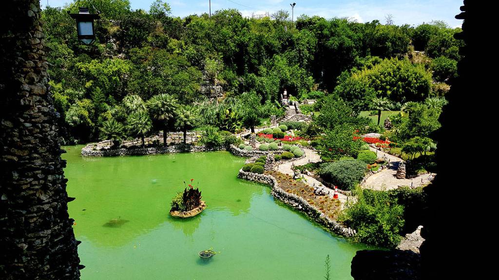 A view from the grand gazebo looking down on the San Antonio Japanese Tea Garden and what once was a limestone quarry. Like Butchart Gardens, the architect used the walls in the remnants of the quarry as a strong hardscape for the garden. (Andrew May/for Peninsula Daily News)