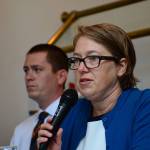 Port Angeles City Council hopefuls Kate Dexter and Travis Berglund answer questions during a Port Angeles Business Association forum Tuesday. (Jesse Major/Peninsula Daily News)
