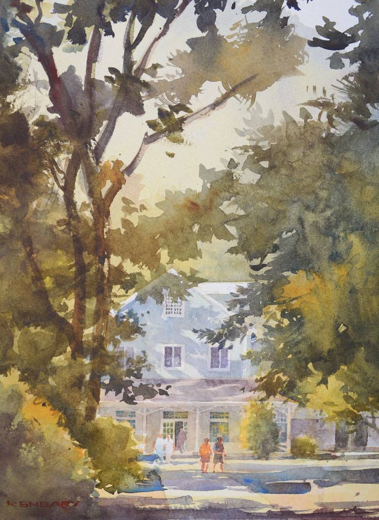 Watercolor artist Richard Sneary from Missouri depicted Lake Crescent Lodge in a painting, &ldquo;Breakfast at the Lodge,&rdquo; on Monday. This is Sneary&rsquo;s second time participating in Paint the Peninsula. (Sandy Novak)