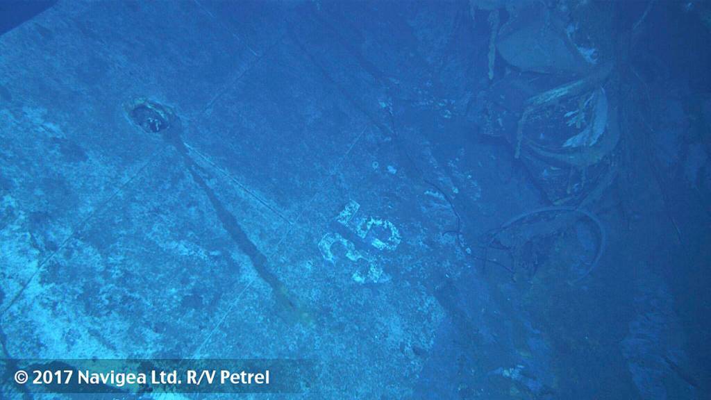 This undated image from a remotely operated underwater vehicle courtesy of Paul G. Allen shows what appears to be the painted hull number &ldquo;35&rdquo; on the USS Indianapolis. Based on the curvature of the hull section, this seems to be the port side of the ship.