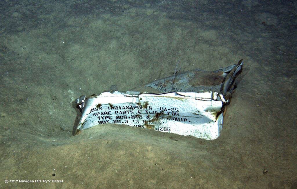 This undated image from a remotely operated underwater vehicle courtesy of Paul G. Allen shows a spare parts box from the USS Indianapolis on the floor of the North Pacific Ocean.