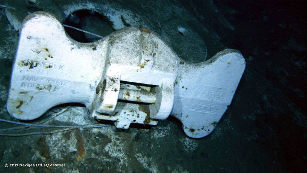 This undated image from a remotely operated vehicle courtesy of Paul G. Allen, shows the bottom of an anchor, marked &ldquo;U.S. Navy&rdquo; and &ldquo;Norfolk Navy Yard,&rdquo; belonging to the USS Indianapolis, at the bottom of the North Pacific Ocean.