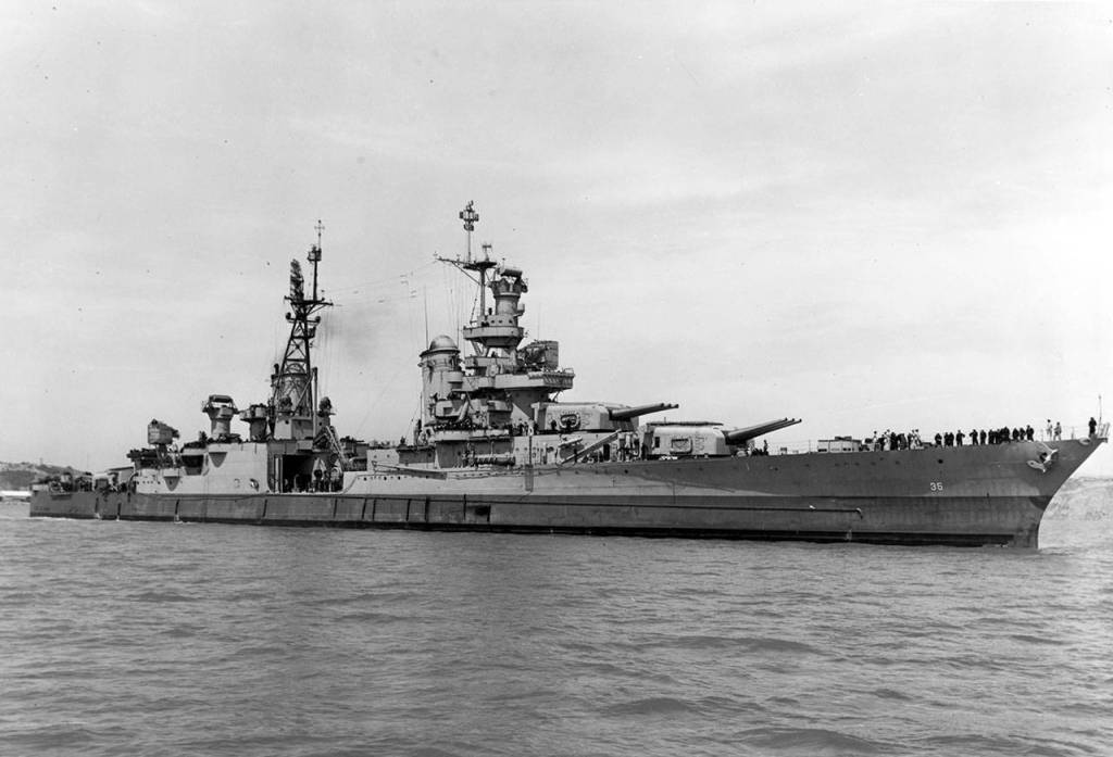 In this July 10, 1945, photo provided by U.S. Navy media content operations, USS Indianapolis (CA 35) is shown off the Mare Island Navy Yard, in Northern California, after her final overhaul and repair of combat damage. (U.S. Navy/via AP)