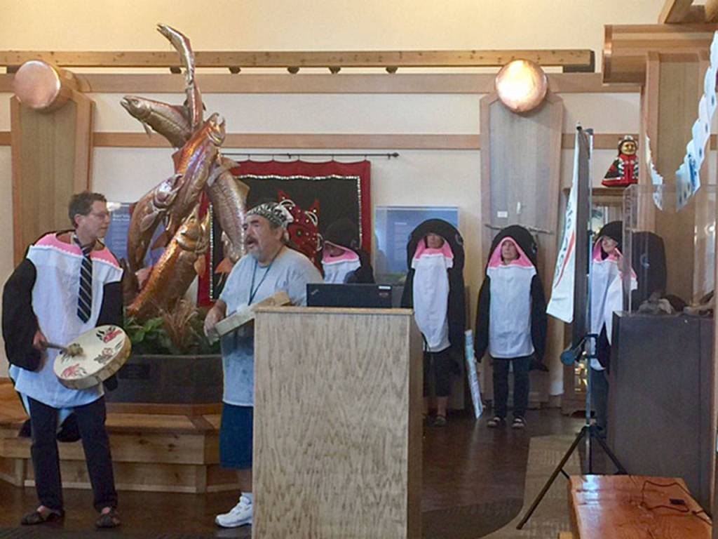 Ed Chadd, founder of the citizens group Olympic Climate Action, speaks at a Port Angeles fundraiser against the Kinder Morgan Pipeline in Canada. (Terry DuBeau)