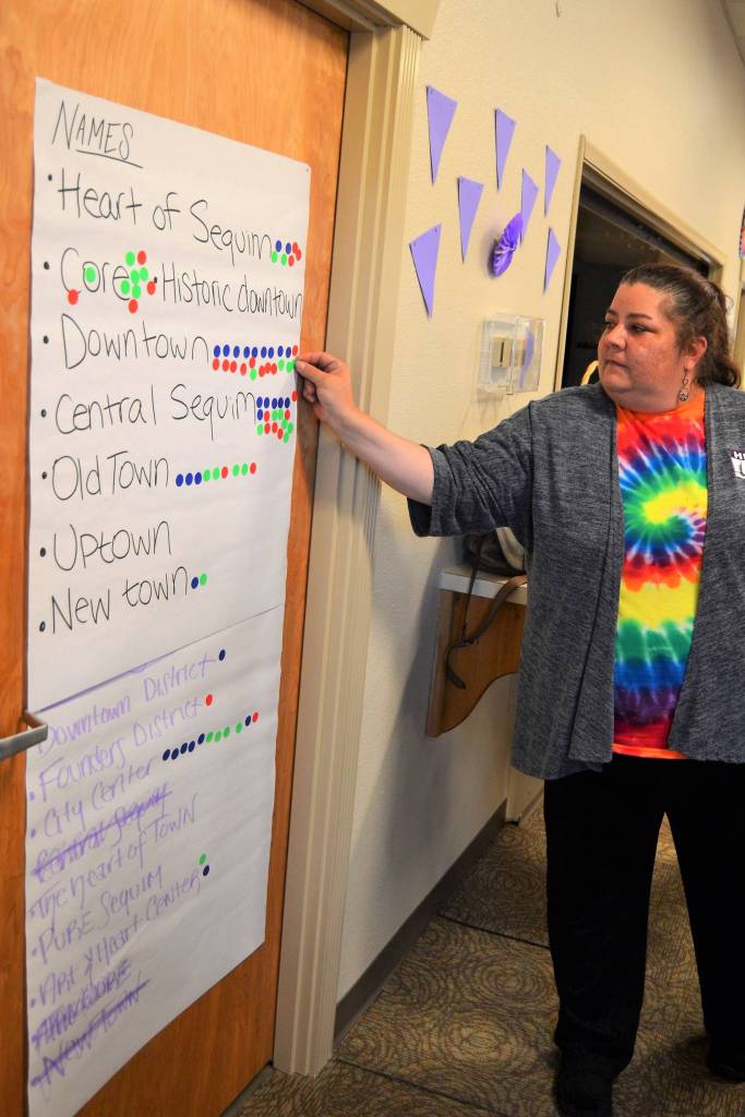Shayne Gallauher, a First Federal employee and downtown Sequim resident, votes on her favorite name for her region. She and many others preferred calling their area &ldquo;Downtown&rdquo; at the Neighborhood Visioning Meeting last Saturday in the Guy Cole Convention Center. (Matthew Nash/Olympic Peninsula News Group)
