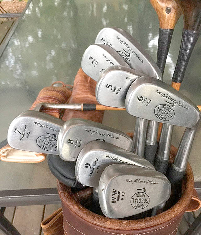 The clubs used by Port Townsend Golf Club General Manager and head pro Gabriel Tonan during the 14th Washington State Hickory Open last Saturday at the Home Course in Dupont.