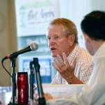 Clallam County Commissioner Randy Johnson talks about the county&rsquo;s 2018 preliminary roll-up budget during a presentation Wednesday at the Port Angeles Business Association and Port Angeles Regional Chamber of Commerce luncheon. (Jesse Major/Peninsula Daily News)