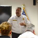 Fire Chief Ben Andrews for Clallam County Fire District 3 speaks Sept. 12 at a fire commissioners&rsquo; special meeting about whether fire commissioners accept a federal grant to help pay wages and benefits for six firefighters over three years. (Matthew Nash/Olympic Peninsula News Group)