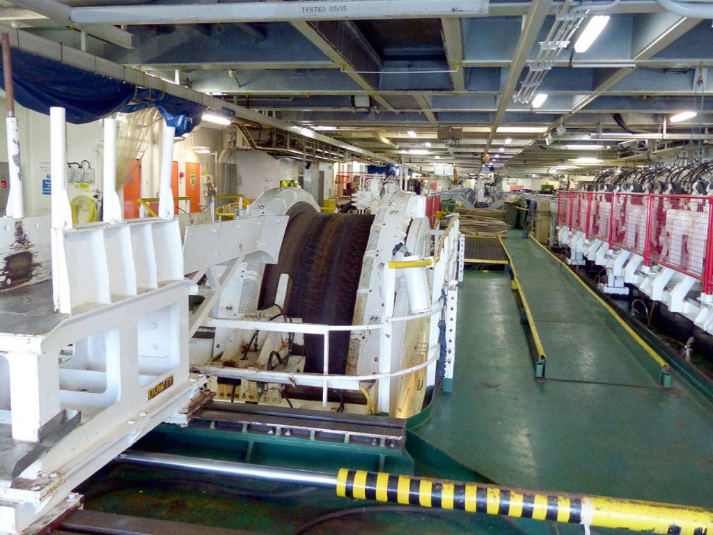 A cable handling drum in the tank area of the ship. (David Sellars/for Peninsula Daily News)