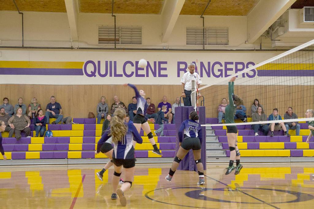 Quilcene Volleyball                                Quilcene&rsquo;s Abbygael Weller hits during a match against Evergreen Lutheran at home Tuesday.