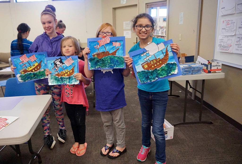 The &ldquo;Kids Create Art&rdquo; series at the Sequim Library is set for the third Saturday of the month, October through April. Pictured from left are young artists Phoebe McKay, Katerina Abken, Zowie Abken and Amara Gonzalez. (North Olympic Library System)
