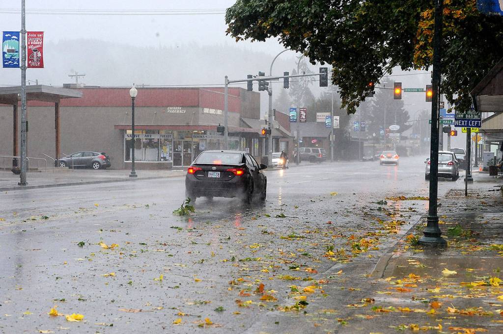 Leaves and small branches are seen along Forks Avenue on Wednesday afternoon as wind and rain reached the Forks area. (Lonnie Archibald/for Peninsula Daily News)
