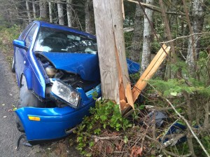A Volkswagen Jetta severed this power pole on Dan Kelly Road west of Port Angeles. The driver was uninjured. (Clallam County Fire District No. 2)