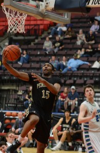 Peninsula's Jeremiah Hobbs rises for a layup against Edmonds in the NWAC semifinals. (Rick Ross/Peninsula College)