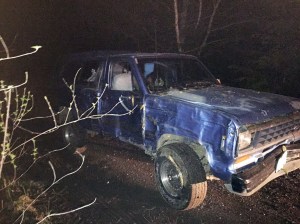 The pickup truck involved in this morning's pursuit by sheriff's deputies after it crashed into a tree west of Port Angeles. (Clallam County Sheriff's Office)