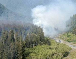 Smoke in the Queets River valley near the river's confluence with Paradise Creek. Smoke from the slow-moving fire in old-growth is expected to rise for most of the summer