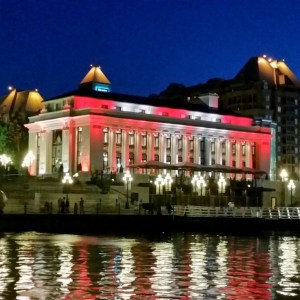 A new LED lighting system on the historic Steamship Terminal building next door to the MV Coho landing in Victoria turns the recently renovated building into Canada's patriotic colors for Canada Day. The lights will switch to red